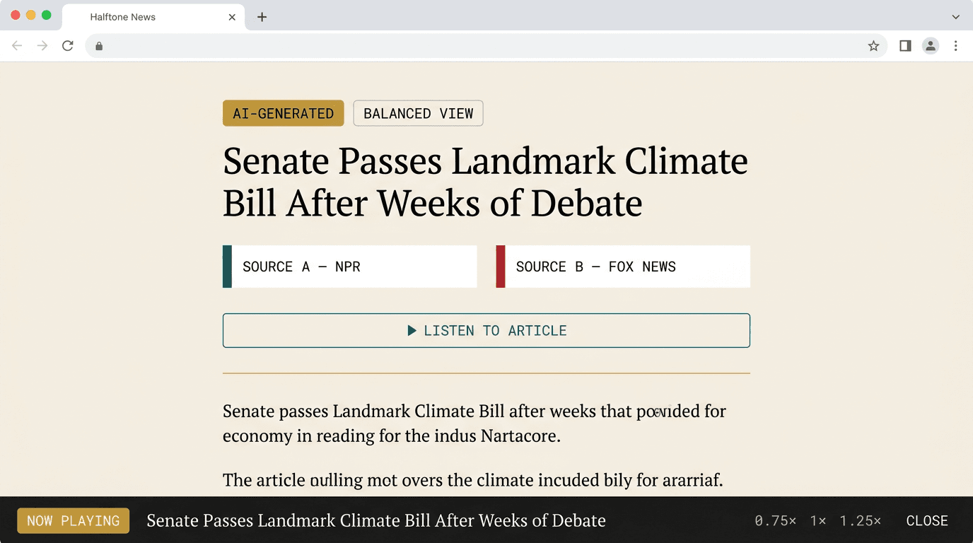 Halftone News article page showing the AI-Generated badge, Source A and Source B attribution, the Listen to Article button, and the sticky audio player