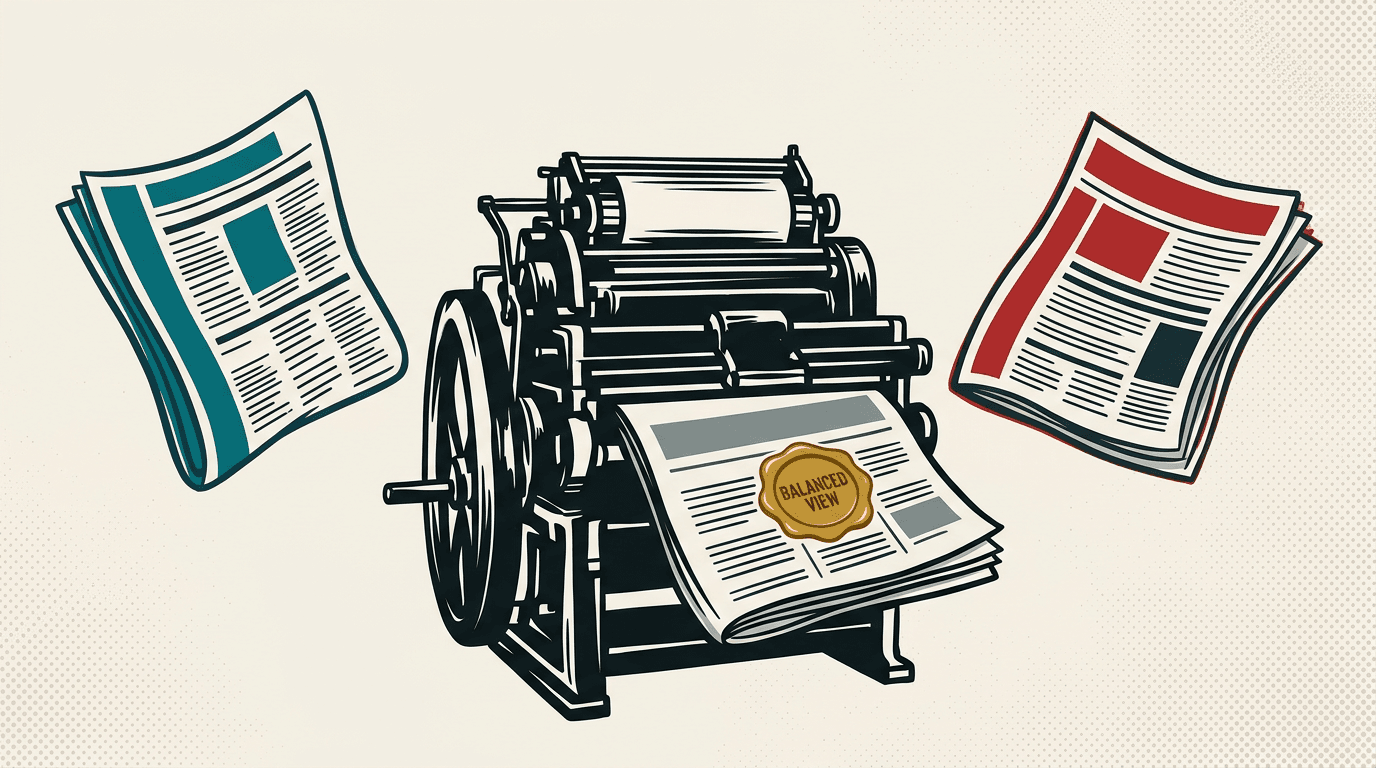 Two opposing newspapers being synthesized into one balanced article by the Halftone News pipeline